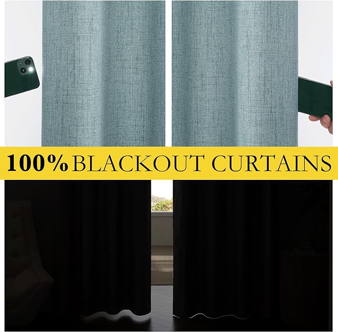 NICETOWN 100% Absolutely Blackout Linen Curtains with Thermal Insulated Liner, Skylark Blue, 62" Wide, 90" Length Energy Saving Curtains for Living Room 2 Panels Set, Vertical Blinds