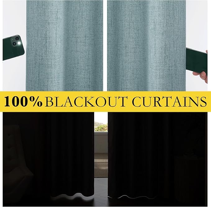 NICETOWN 100% Absolutely Blackout Linen Curtains with Thermal Insulated Liner, Skylark Blue, 62" Wide, 108" Length Energy Saving Curtains for Living Room 2 Panels Set, Vertical Blinds
