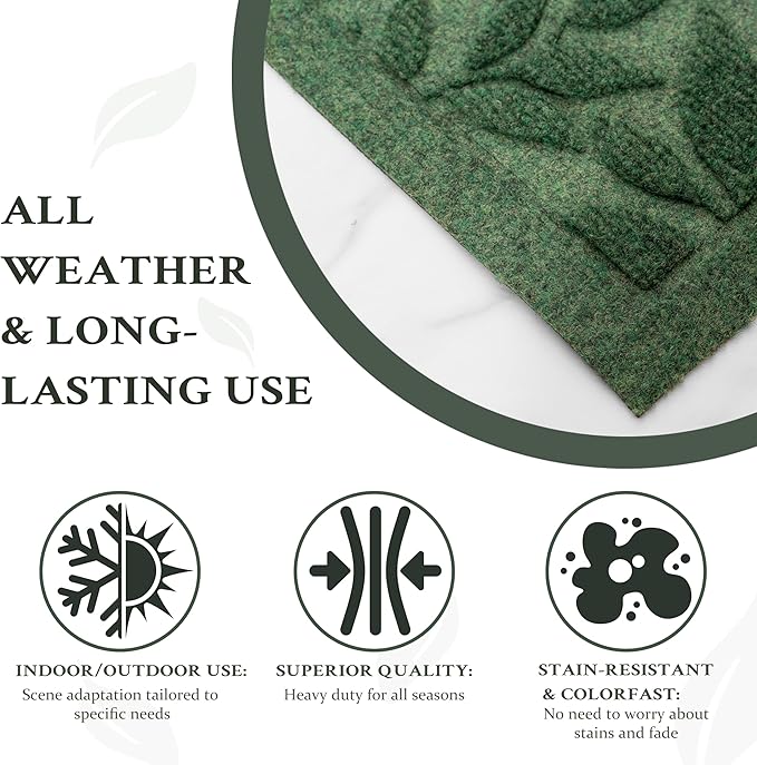 Green Leaves Outdoor Indoor Entrance Door mat, Absorbent Durable Heavy Duty Welcome Front Door Mat,Thick Natural Rubber Back,Easy Clean Entryway Mat 17x30 Inch, Low Profile