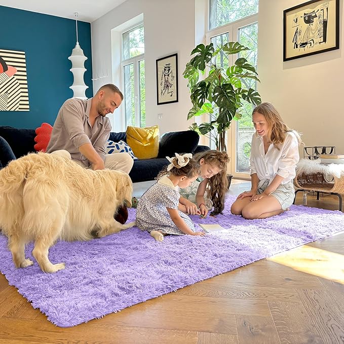 OLANLY 9x12 Machine Washable Large Area Rugs for Living Room, Bedroom, Soft Fluffy Shaggy Bedside Rug, Indoor Floor Carpet for Kids Girls and Boys, Dorms, Nursery, Home Decor Aesthetic, Light Purple