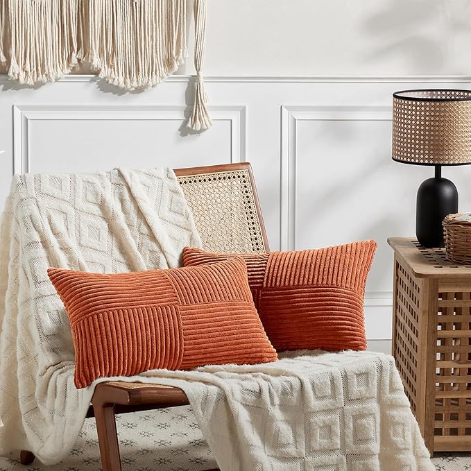 Fancy Homi Set of 2 Burnt Orange Lumbar Decorative Throw Pillow Covers 20x28 Inch for Living Room Couch Bed, Boho Farmhouse Fall Home Decor, Soft Corduroy Corss Patchwork Cushion Case 50x70 cm