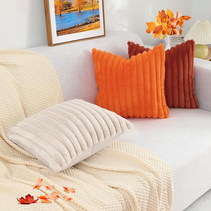 decorUhome Cozy Faux Fur Throw Pillow Covers 20x20 Set of 2 Decorative Soft Plush Striped Modern Farmhouse Boho Couch Pillow Cases with Velvet Back for Sofa Bed Living Room, Rust