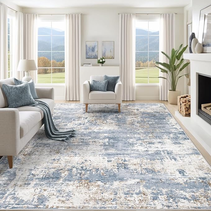 XLUEZ 8x10 Area Rugs for Living Room, Washable Modern Abstract Large Area Rug Neutral Soft Non Slip Kids Rug Stain Resistant Indoor Carpet for Bedroom Nursery Dining Room Playroom(Blue, 8'x10')