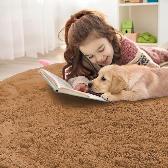 OLANLY Khaki Round Rugs for Bedroom - Machine Washable, 2 ft Circle Area Rugs for Living Room, Soft and Fluffy Shaggy Carpet for Teen Girl and Boys, Nursery Rooms, Dorms, Home Decor Aesthetic