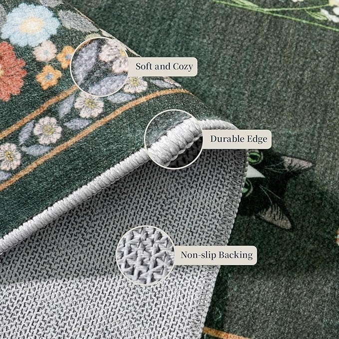 2x12 Washable Hallway Runner Rug - Soft Low Pile Floral Animal Cat Print Rugs with Non-Slip Backing Waterproof Stain-Resistant Indoor Carpet for Kitchen Entryway Bathroom Bedroom (Sage Green)