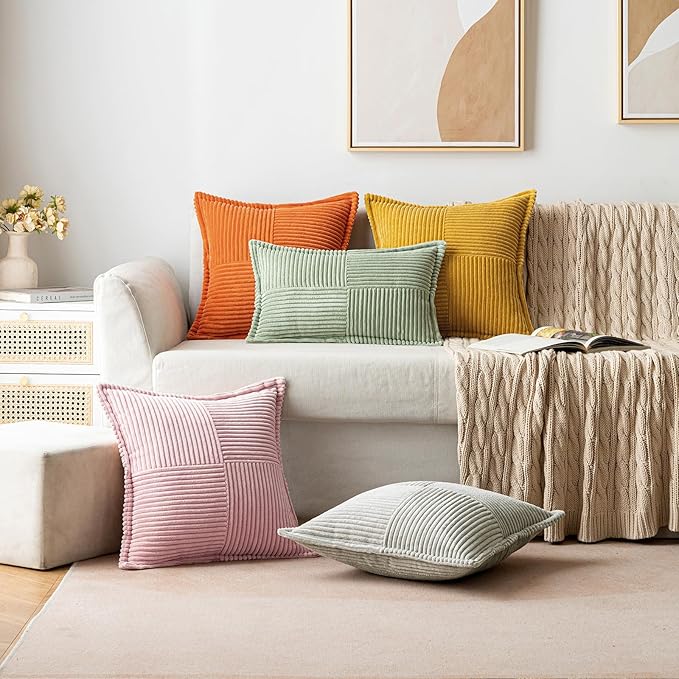 MIULEE Spring Decorative Throw Pillow Covers for Couch Bed Livingroom 20x20 Inch Set of 2 Pink Boho Accent Throw Pllows Broadside Striped Patchwork Soft Corduroy Pillowcases Valentine Decor
