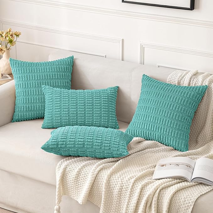 MIULEE Pack of 2 Corduroy Decorative Throw Pillow Covers 16x16 Inch Soft Boho Striped Pillow Covers Modern Farmhouse Home Decor for Summer Sofa Living Room Couch Bed Aqua Green