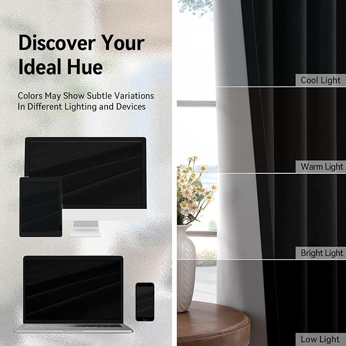 100% Blackout Shield Linen Blackout Curtains for Bedroom, Black Grommet Curtains for Living Room, Thermal Insulated Room Darkening Drapes for Nursery, Boho Home Decor, 50" W x 90" L, 2 Panels