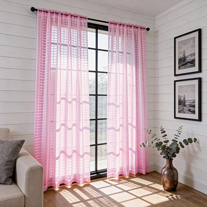 SpaceDresser Check Sheer Curtains 84 Inches 2 Panels Set, Rod Pocket Plaid Window Curtain for Living Room, Pink Semi Sheer Drapes for Kitchen Bedroom Children Room Yard（Pink, 52W x 84L）