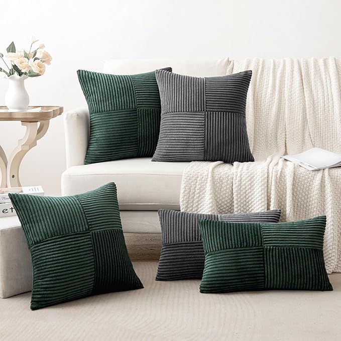 MIULEE Army Green Decorative Lumbar Throw Pillow Covers 12x20 Inch for Couch Bed Sofa Pack of 2 Boho Farmhouse Throw Pillows Soft Cross Corduroy Patchwork Textured Cushion Cases