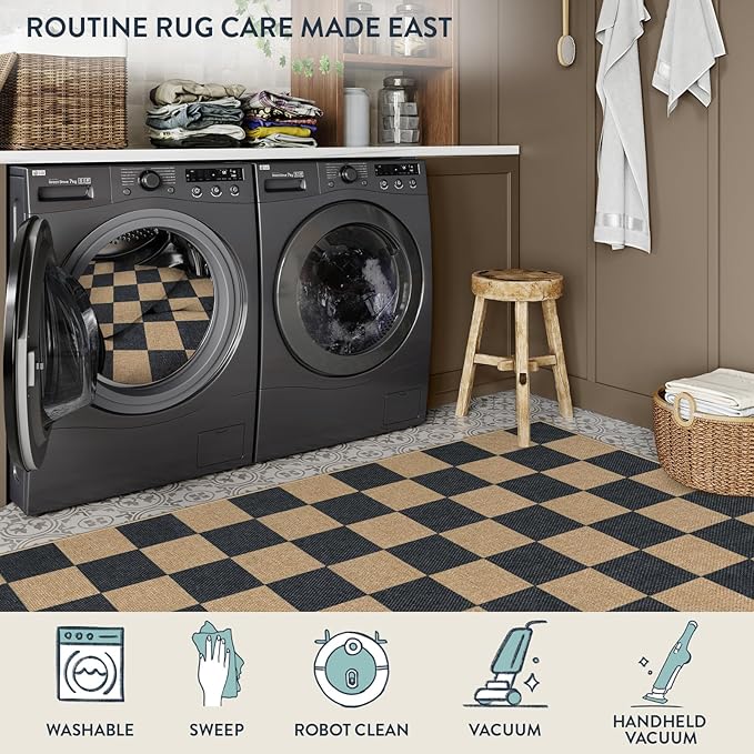 Lahome Colette Checkered Round Rugs 6ft, Outdoor Patio Easy Jute Rug Indoor Outdoor Circle Carpet, Farmhouse Nature Non Shedding Non Slip Washable Black Carpet for Living Room Entry Deck