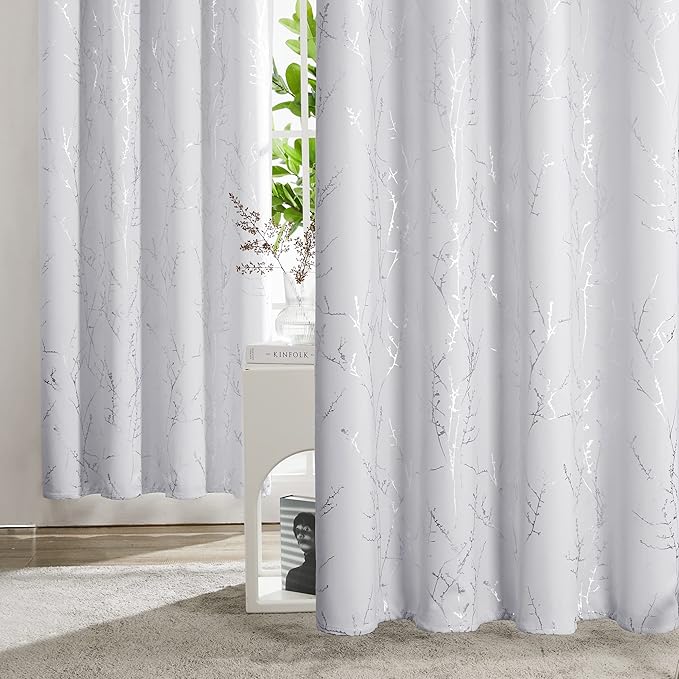 Deconovo Greyish White Curtains, Room Darkening Short Curtain, Thermal Insulated Soundproof Drapes, Silver Branch Print, 42 x 45 Inch, Grommet Window Panel for Small Windows Bedroom Kitchen, Set of 2