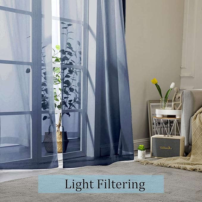 OWENIE Navy Blue Sheer Curtains 90 Inches Long, Solid Light Filtering Sheer Curtains for Bedroom, Window Voile Sheer Curtain Panels/Drapes/Treatment for Living Room, 2Pcs, Each 42" W x 90" L Inch