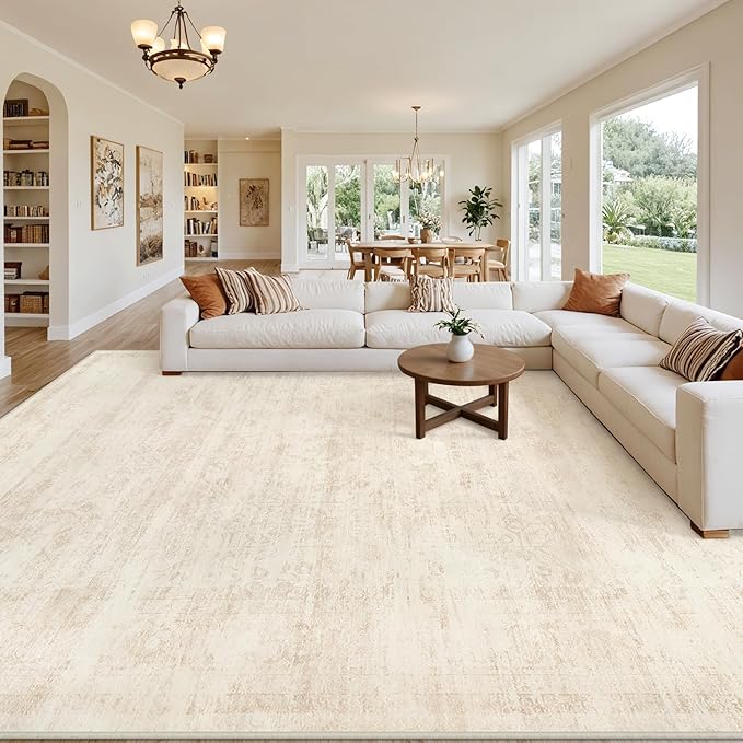 Area Rugs 9x12 Living Room: Vintage Boho Neutral Washable Rug Indoor Soft Large Area Rug Carpet for Bedroom Nursery Farmhouse Dining Room Office Floor Non-Slip Low Pile Under Table Rug Retro Beige