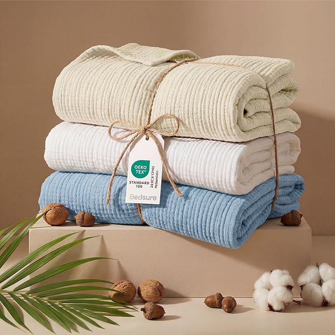 Bedsure 100% Cotton Muslin Blanket Queen Size for Bed - 4-Layer Breathable and Lightweight Thin Soft Summer Gauze Muslin Blankets for Adults, Blue, 90x90 Inches
