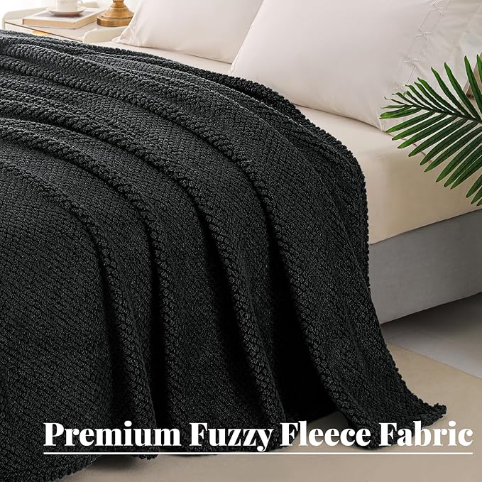Whale Flotilla Queen Size Fuzzy Fleece Blanket for Bed, 90x90 Inch Fluffy Warm Soft Jacquard Blankets for All Season, Lightweight and Cozy, Black
