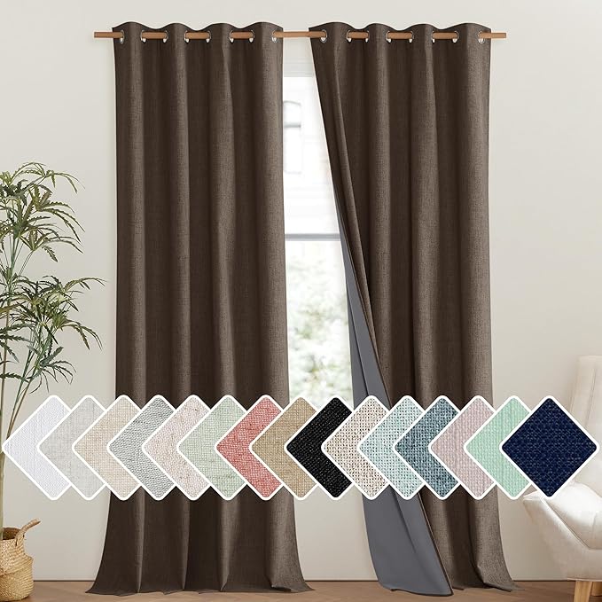 NICETOWN Coffee Vintage Linen 100% Blackout Curtains for Living Room, Thermal Insulated Curtains 102" Long, Noise Reducing Window Treatment Drapes for Hall Room, 52" Wide Per Panel, Set of 2