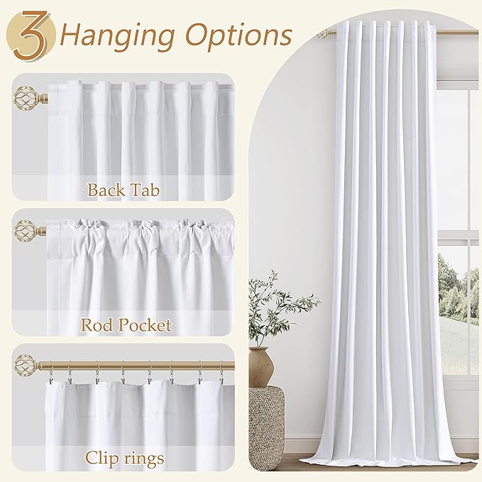 Guken White 100% Blackout Linen Curtains 54 Inch Length 2 Panels Set for Living Room Bedroom Back Tab Thermal Insulated Black Out Linen Drapes Room Darkening Window Curtains