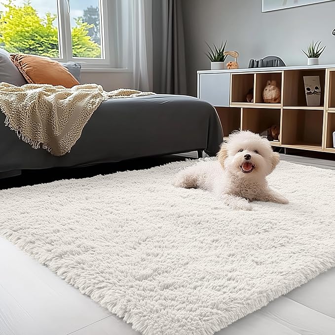 OLANLY 3x4 Machine Washable Accent Rug, Soft Fluffy Shaggy Area Rug for Bedroom, Living Room, Indoor Floor Carpet for Kids, Nursery, Home Decor, Ivory