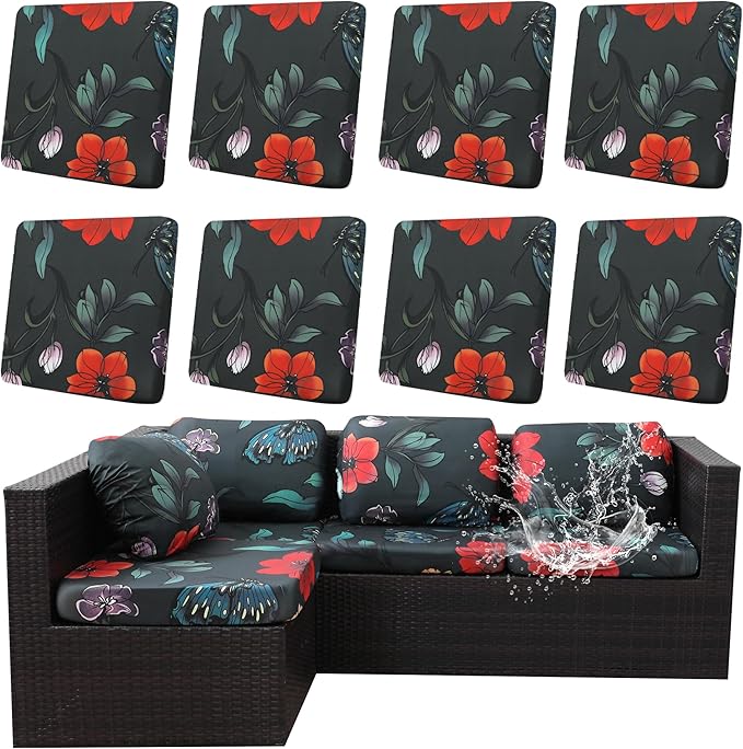8Pcs Outdoor Cushion Covers, Patio Cushion Covers,Stretch Elastic Slipcovers, Replacement Washable & Reusable Furniture Protector for Patio Couch (Peony-Pattern,Cover Only)