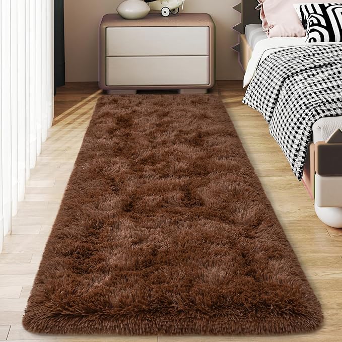 Soft Runner Rugs for Bedroom Hallways, 2x5 Brown Fluffy Shag Throw Area Rug Non Slip for Bedside Dorm, Long Shaggy Furry Carpet for Nursery Living Room