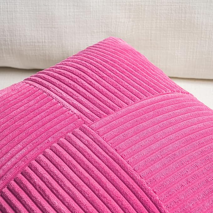 Fancy Homi 2 Packs Hot Pink Euro Decorative Throw Pillow Covers 26x26 Inch for Couch Bed Sofa, Rustic Farmhouse Boho Home Decor, Soft Corss Corduroy Patchwork Textured Square Cushion Case 66x66 cm