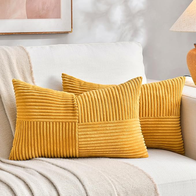 Fancy Homi 2 Packs Gold Yellow Lumbar Decorative Throw Pillow Covers 16x26 Inch for Living Room Couch Bed, Rustic Farmhouse Boho Home Decor, Soft Striped Corduroy Rectangle Accent Cushion Case