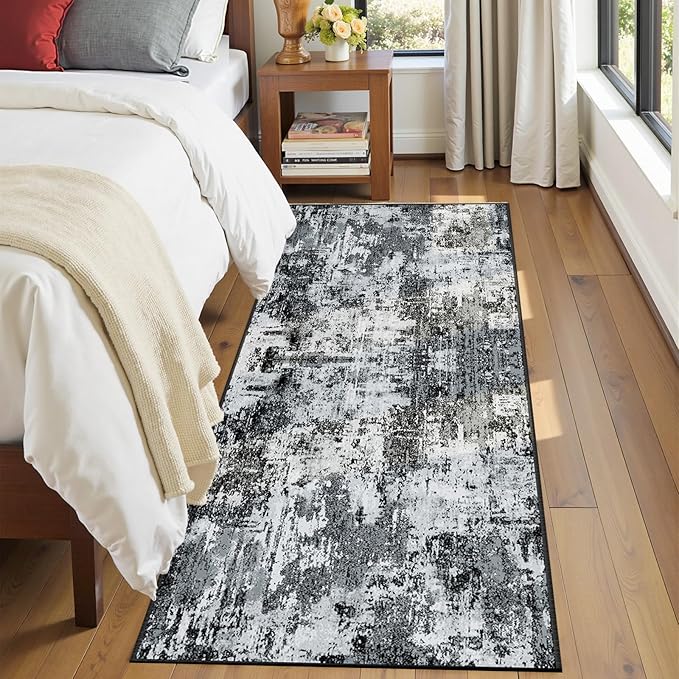 Washable Area Rugs 2'x8' Non-Slip Modern Abstract Soft for Living Room Entryway Bedroom Nursery, Print Pattern, Black Navy Blue Gray