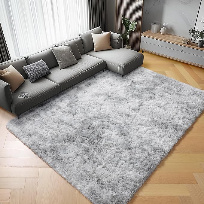 ONASAR Area Rugs 9x12 Living Room, Tie-Dyed Light Grey Large Fluffy Bedroom Rug, Soft Plush Thick Shaggy Big Floor Carpet for Kids Boy Girls Teen Dorm Nursery Indoor Home Decor Aesthetic