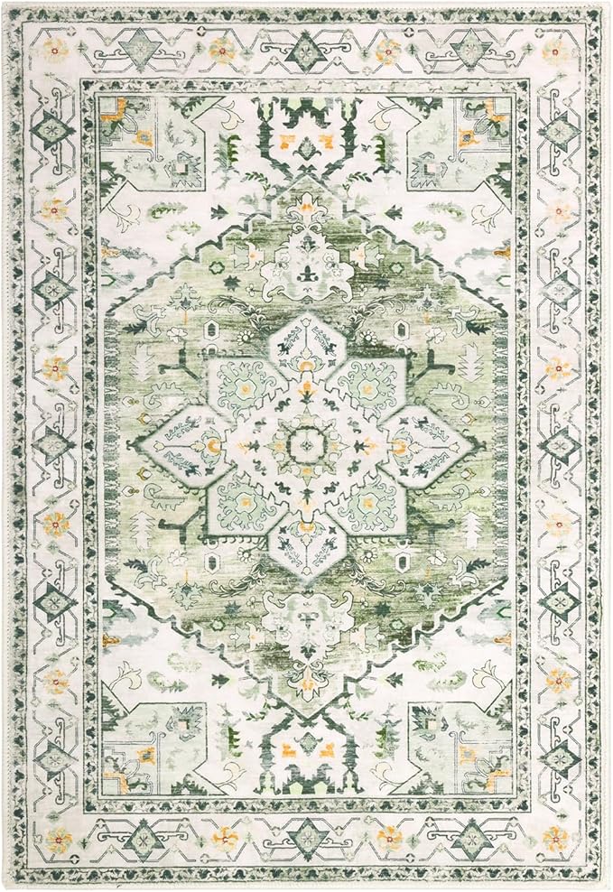 Yamaziot Washable Area Rug, 2x3 Small Entryway Rug Non-Slip Boho Vintage Rug with Rubber Backing, Low Pile Faux Wool Soft Distressed Floor Carpet for Indoor Door Mat, Kitchen, Laundry Bathroom