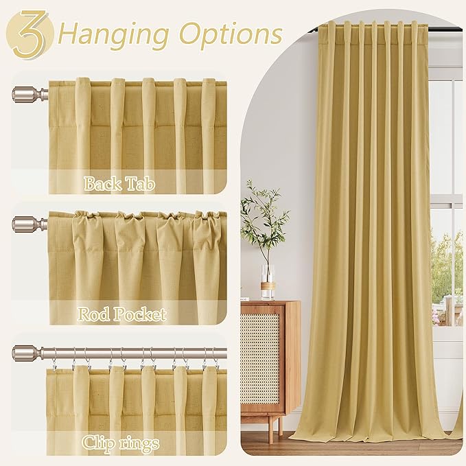 Guken 100% Blackout Curtains 90 Inch Length 2 Panels Set for Living Room Bedroom Back Tab Thermal Insulated Black Out Linen Drapes Room Darkening Window Curtains 90 Inches Long,Gold Yellow
