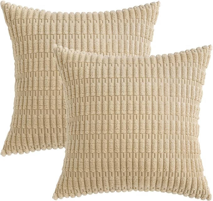 MIULEE Pack of 2 Corduroy Decorative Euro Sham Throw Pillow Covers 22x22 Inch Soft Boho Striped Pillow Covers Modern Farmhouse Home Decor for Sofa Living Room Couch Bed Tan