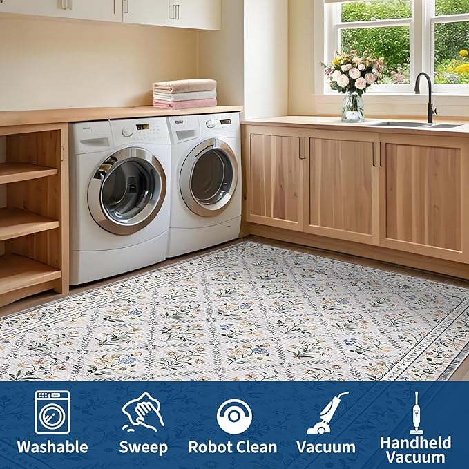 GarveeHome Living Room Rug 5x7 Rug Machine Washable Stain Resistant Area Rug Non Slip Floral Vintage Low Pile Rugs for Living Room, Bedroom, Farmhouse, Dining Room, Kids PlayroomGrey Beige