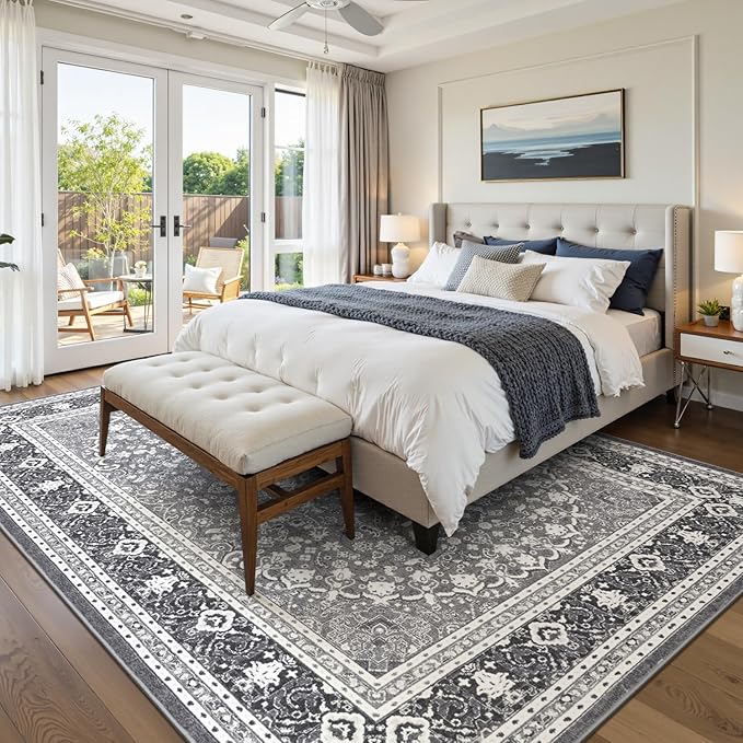 Lofus 8x10 Area Rugs for Living Room, Machine Washable Non-Slip Area Rug, Low Pile Large Rugs for Bedroom, Kitchen, Dining Room, Home Office, Vintage Oriental Print Rug, Light Grey with White