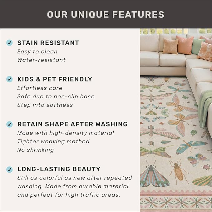 Flower Area Rug for Girls Bedroom - Washable 3x4 Light Pink Large Entryway Rug for Laundry Room, Kitchen, Bedroom, Dorm, Insect Print Vintage Floral Non-Slip Throw Rug Low Pile Stain Resistance
