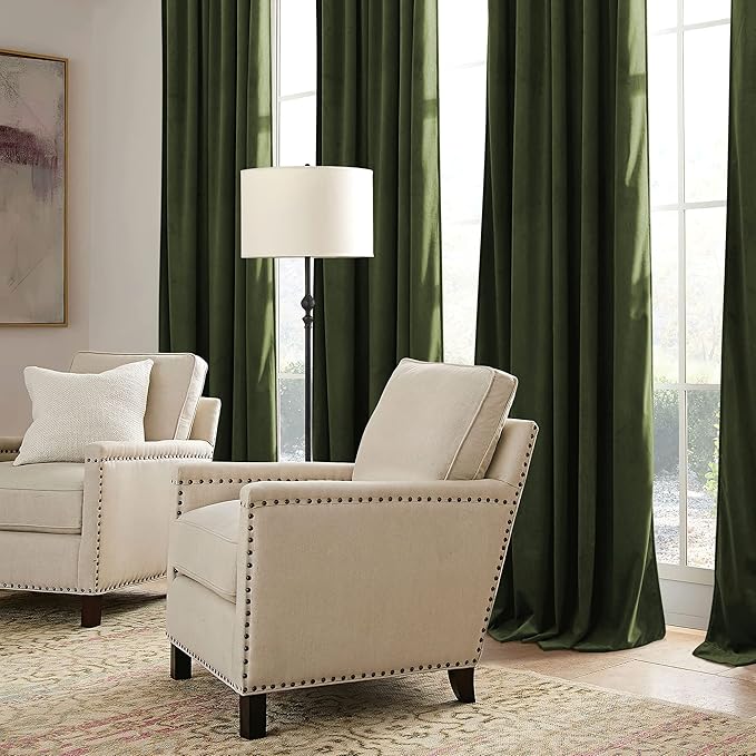 RYB HOME Olive Green Velvet Curtains with Hook Tape, Thermal Insulated Privacy Protect Decorative Drapes for Home Theater, W 42 x L 84 inches, 2 Panels Set
