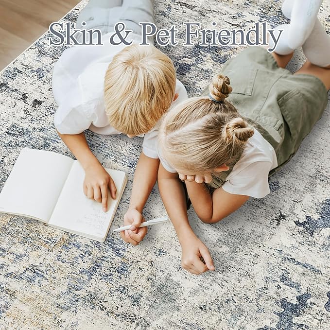 Abstract Rug 5x7 Machine Washable Area Indoor Blue Yellow Low Pile Non-Slip Foldable Thin Accent Rugs for Bedroom Living Room Dining Room