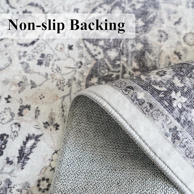 Hallway 2x5 Washable Runner Rug: Oriental Stain Resistant Kitchen Entryway Rugs Farmhouse Ultra Soft Bathroom Bedroom Print Floor Mat Thin Non Slip Indoor Carpet for Living Room Laudry(2X5, Grey)