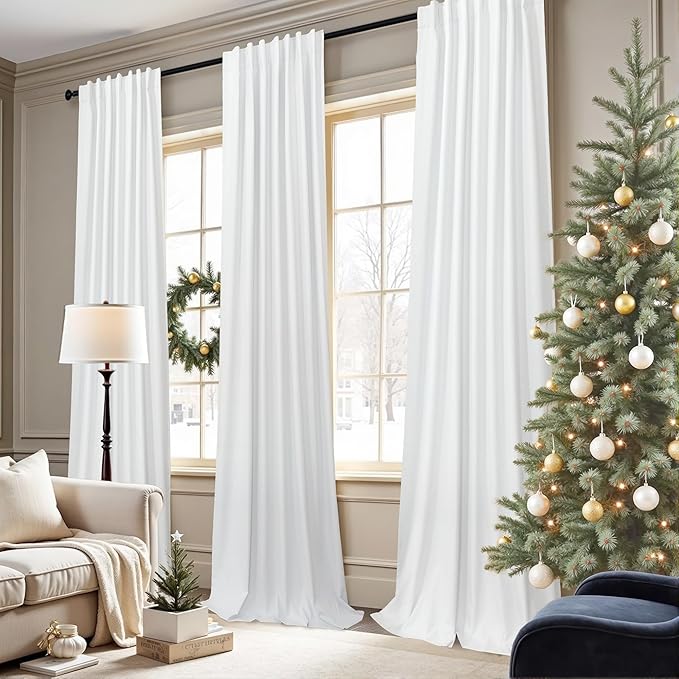 Black Out Curtains 63 Inch Long Small White Blackout Energy Saving Dining Room Darkening Curtain for Nursery Office Shabby Chic Faux Linen Kids Bedroom Curtains 63 Inch Length 2 Panels Back Tab Pocket