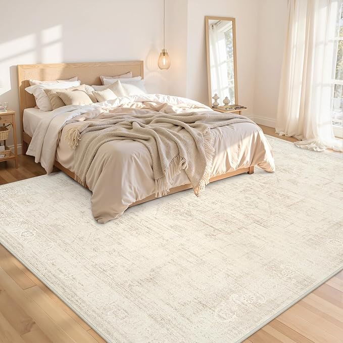 Area Rugs 9x12 Living Room: Vintage Boho Neutral Washable Rug Indoor Soft Large Area Rug Carpet for Bedroom Nursery Farmhouse Dining Room Office Floor Non-Slip Low Pile Under Table Rug Dark Beige
