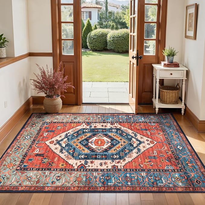 SERISSA Boho Area Rugs for Entryway, 3x4 Washable Non-Slip Kitchen Rug, Ultra Soft Print Distressed Rust Rug Low-Pile Throw Door Mat Indoor Entrance Carpet for Bedroom Living Room Dorm Decor