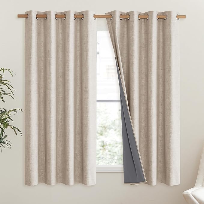 NICETOWN Cream 100% Blackout Short Curtains 63 inches Lenghth Burg for Kitchen, 2 Panels, Burlap Linen Drapes with Thermal Insulated Grey Liner, Keeping Out Cold Air and Heat Panels