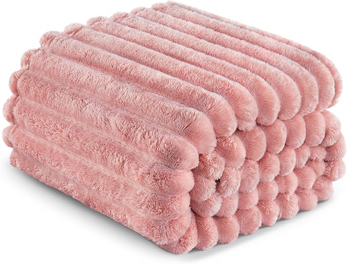 Exclusivo Mezcla Fleece Throw Blanket for Couch, Super Soft Striped Jacquard Bed Blanket, Lightweight Fuzzy Cozy for All Seasons, 50x60 Inches, Pink