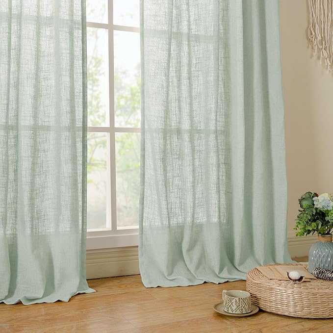 LAMIT 54 Inch Semi Sheer Window Linen Curtains, Light Filtering Panels Back Tab and Rod Pocket Neutral Drapes for Bedroom/Living Room, Light Sage, 2 Panels, 34 x 54 Inch