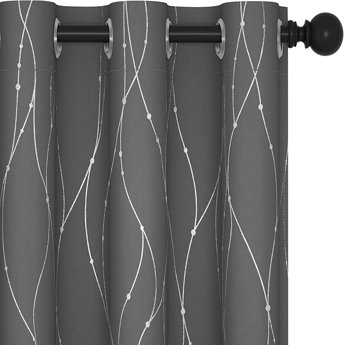 Deconovo Kitchen Curtains, Short Blackout Drapes 42 x 45 Inch, Thermal Insulated Soundproof Grommet Drape, Silver Wave Dots Foil Print Curtain for Small Windows, Living Room, Light Grey, Set of 2
