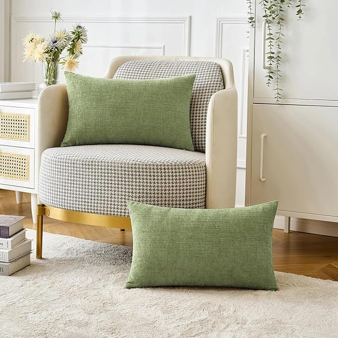 MIULEE Pack of 2 Couch Throw Pillow Covers 12x24 Inch Spring Soft Sage Green Chenille Lumbar Pillow Covers for Sofa Living Room Solid Dyed Cases
