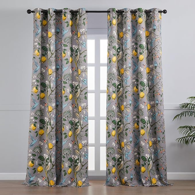 Topfinel Gray Patterned Curtains 96 Inch Long for Living Room, Bedroom Blackout Elegant Vintage Botanical Floral Hummingbird Drapes Grommet Window Treatments for Sliding Door 2 Panel 96 Inch Length