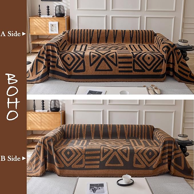 HANDONTIME Boho Geometric Couch Covers for Sofa Pet Friendly Brown and Black Sofa Covers Washable Chenille Couch Blanket Cover for 3 4 Cushion Couches Pet Protector Furniture Cover Soft, 71" X 134"