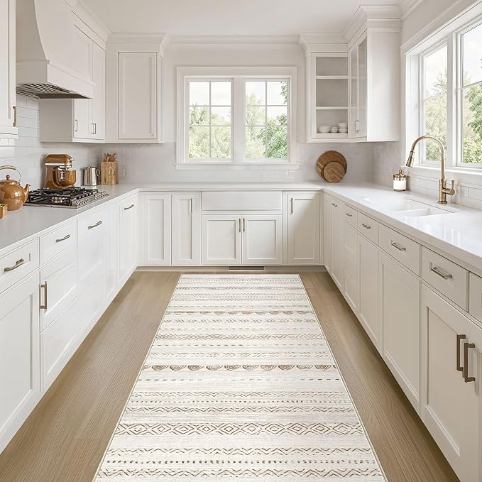 Nakagishi Runner Rug Kitchen Washable Rugs: 3x8 Non-Slip Boho Soft Modern Stain Resistant Indoor Floor Neutral Farmhouse Throw Carpet for Hallway Bathroom Laundry Room Entryway Bedroom- Brown