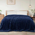 Exclusivo Mezcla King Size Flannel Fleece Blanket, Super Soft Striped Jacquard Bed Blanket, Lightweight Fuzzy Cozy for All Seasons, 90x104 Inches, Navy Blue